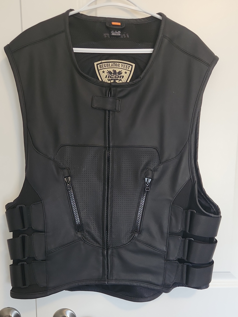 ICON Black Leather Motorcycle 'Regulator' Vest with Dual Zip Pockets